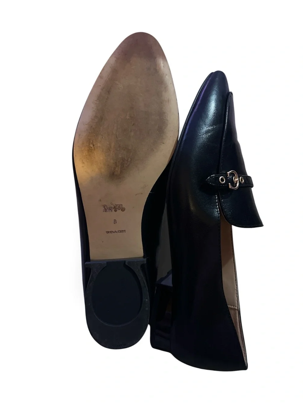 Coach Black Leather Pointed-Toe Loafers with Metal Accent